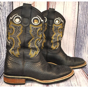 Potrero Western Square Toe Embroidered Leather faux Snakeskin Boots Black Mens 8